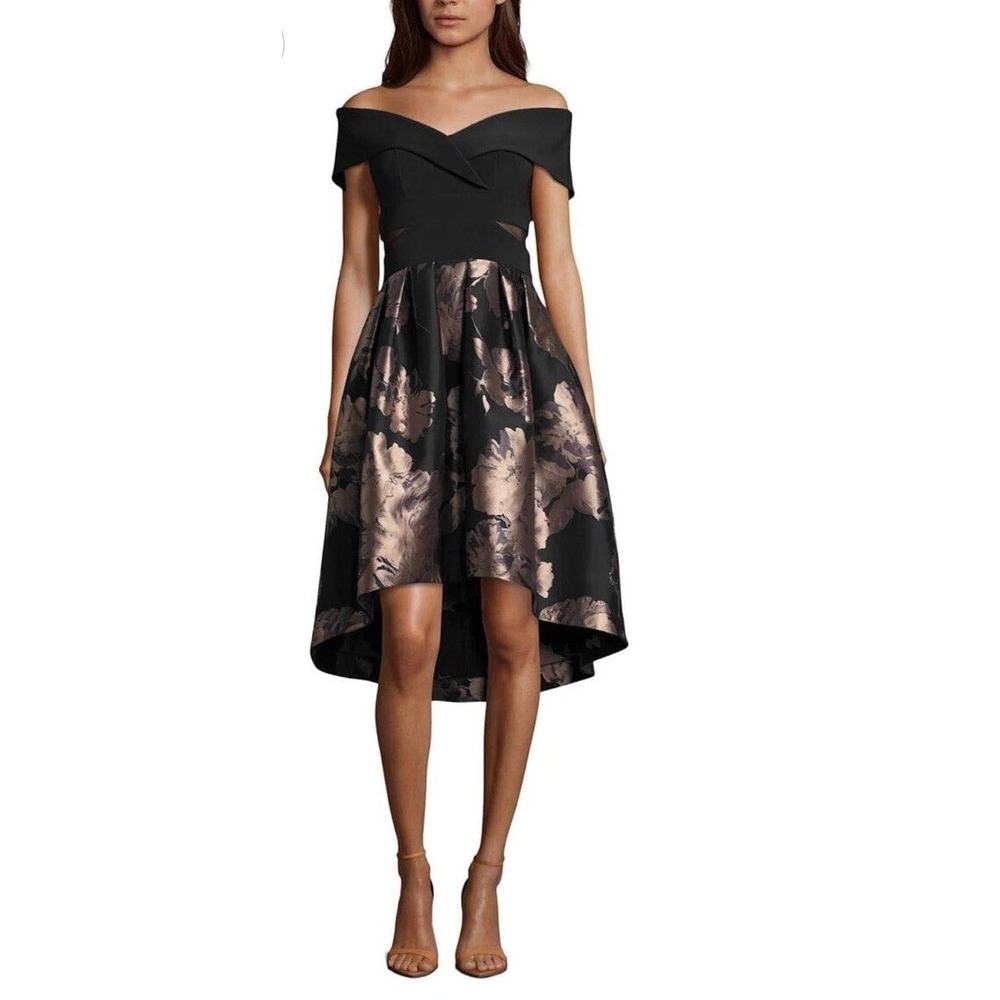 Xscape Navy/Gold Floral Hi-Low Fit and Flare Gown Off The Shoulder Women 14P NWT